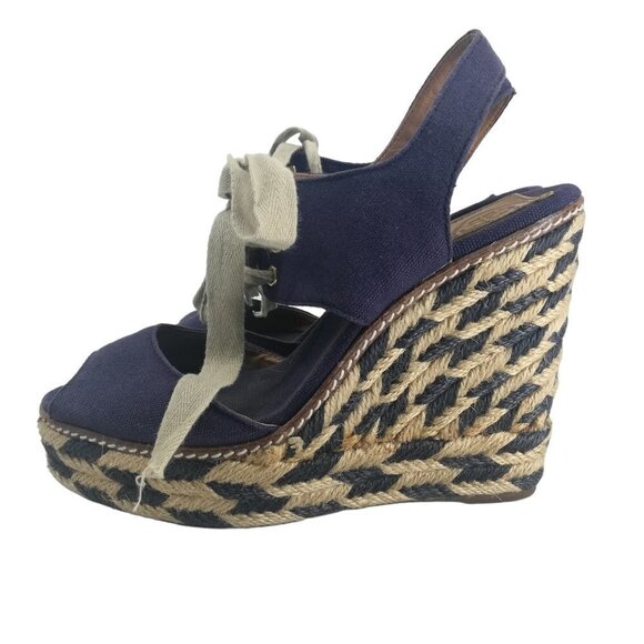 Tory Burch Wedge Espadrille Linley Platform Sandals Size 6.5-7? Peep Toe Blue - Picture 7 of 15